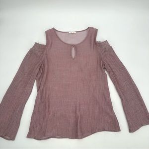 PLEIONE Top Womens Mauve Pink Stripe Cold Shoulder Keyhole Blouse Long Slv